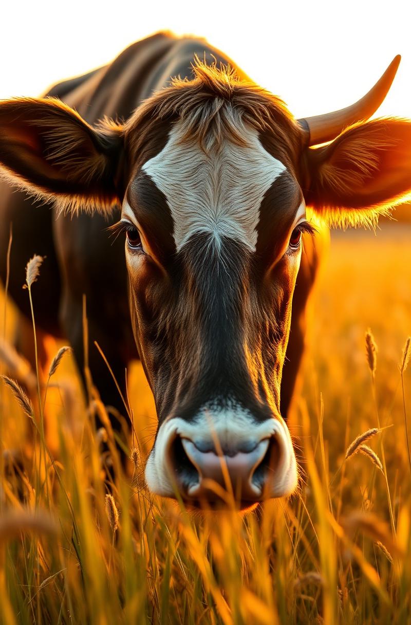 Cow grazing in golden sunset grass