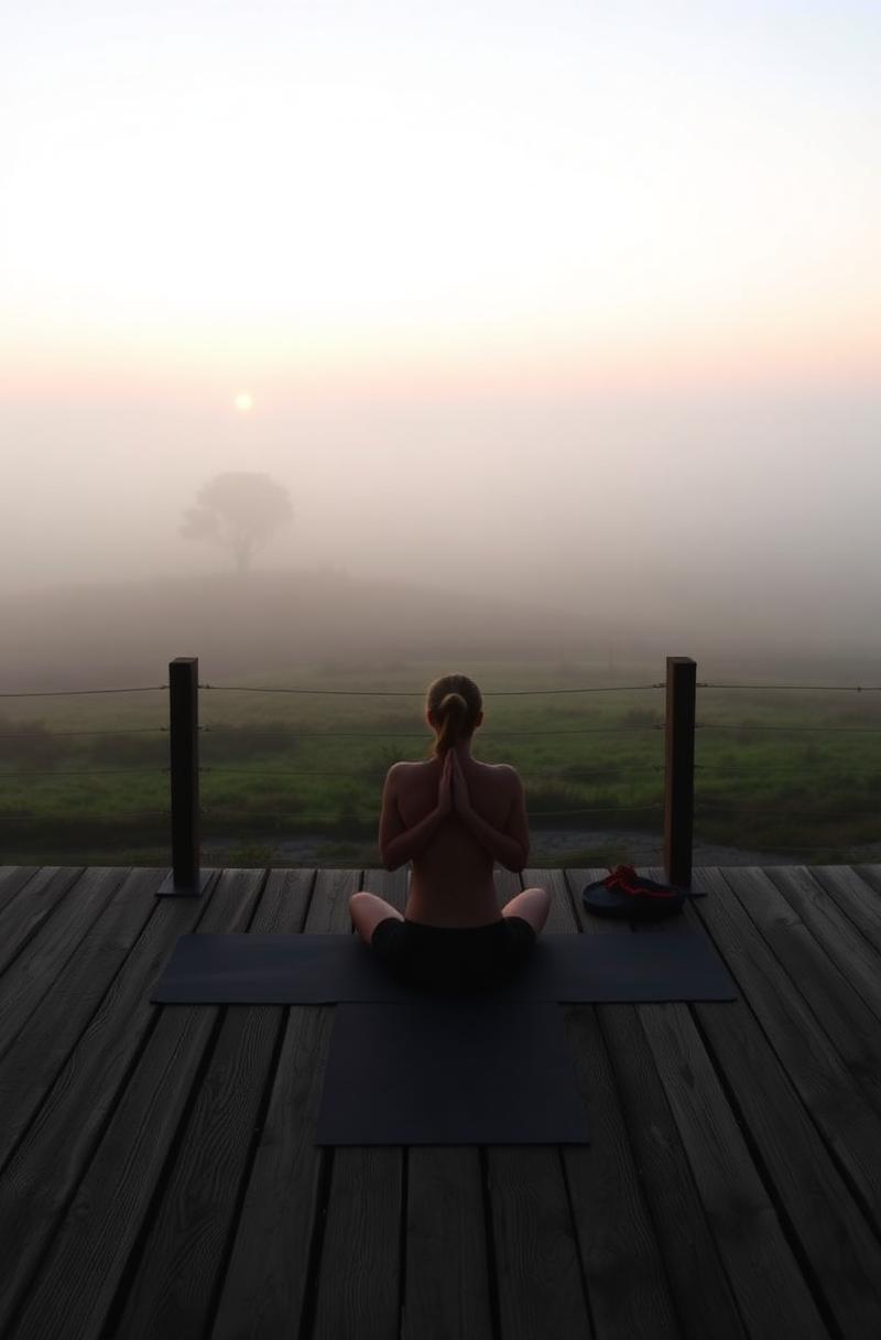 Yoga on a wooden deck overlooking a misty pasture